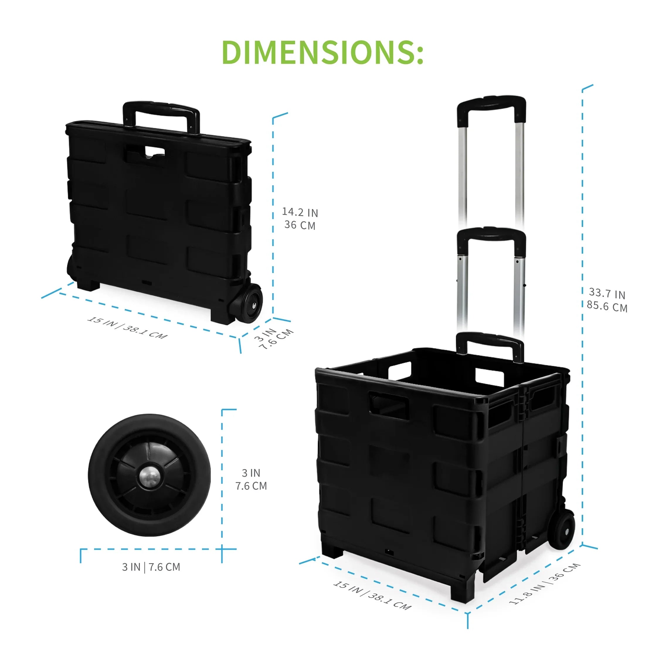 Garden, Ultra-Slim Utility-carts, Handle, Office, Home, Telescopic Rolling use, Black Medium, Pack-N-Roll Storage Collapsible with for School Shopping,