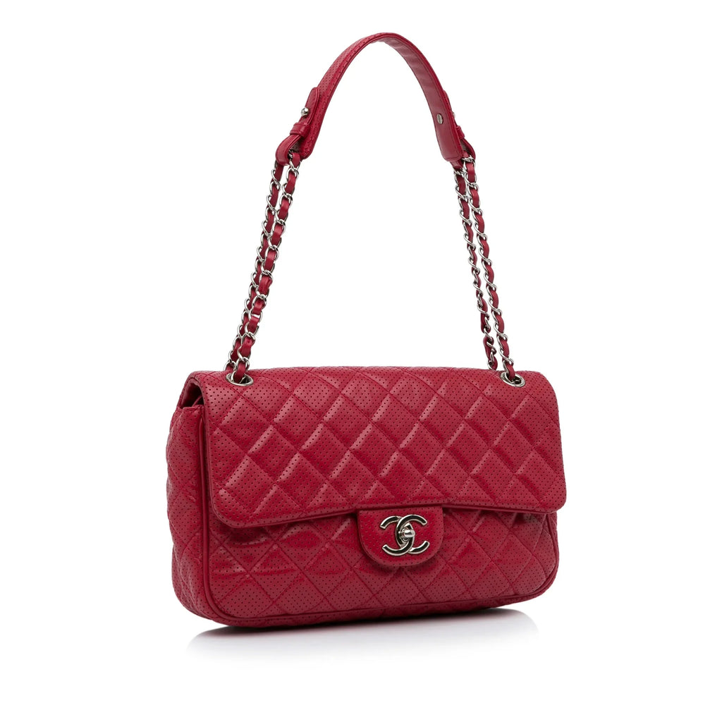 Classic Pre-Owned Chanel Single Bag Lambskin Authenticated Red (Good) Shoulder Perforated Leather Unisex Jumbo Flap