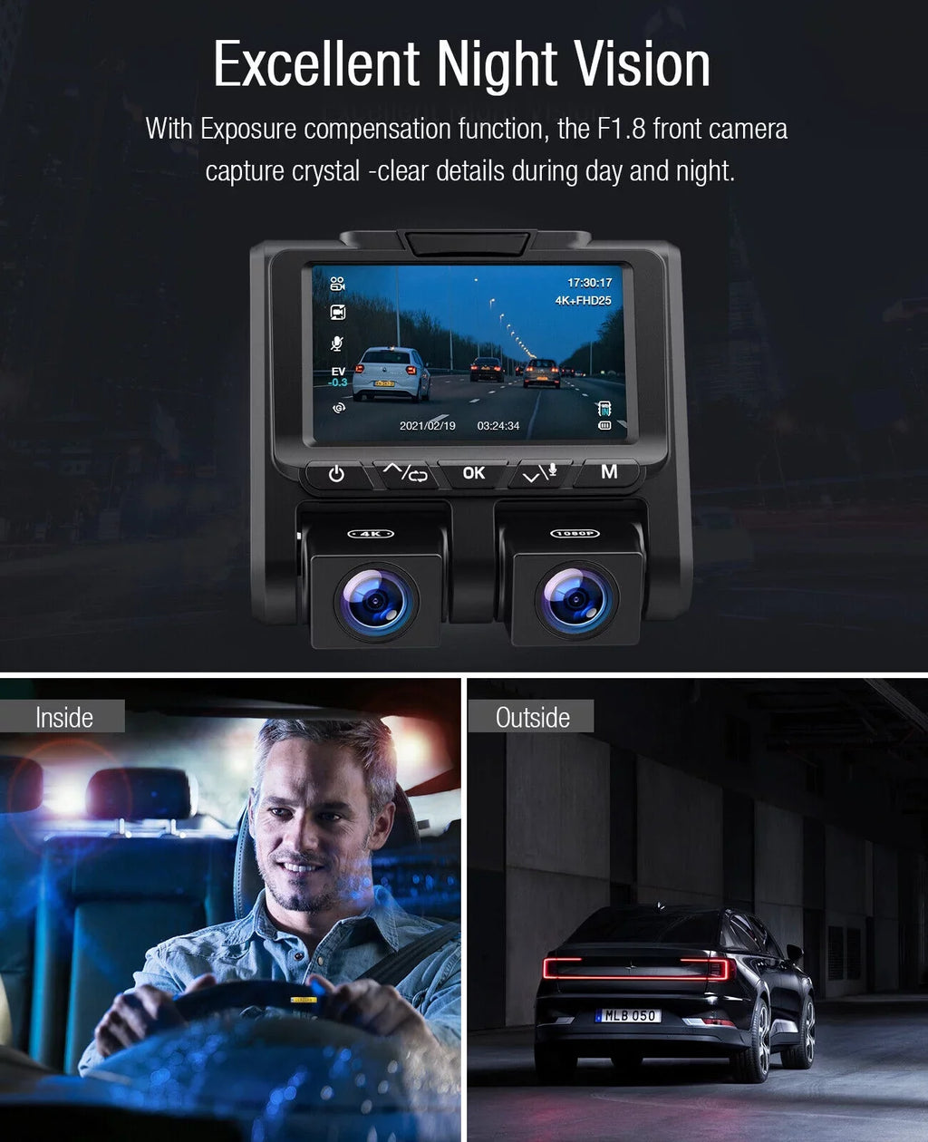4K+1080P and Dash G-Sensor Inside Screen Mode Camera Parking Camera LCD Cam Loop 4K TOGUARD Front 3" Recording Car Dash