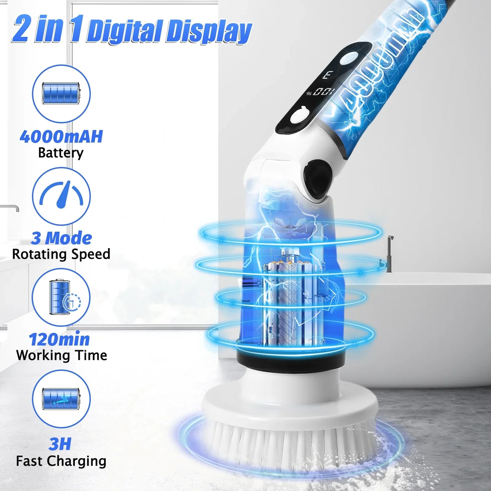 for Scrubber Floor Brush Scrubber, Heads,Shower Electric WLRETMCI Tub Car Long Cordless with Brush Brushes Spin 8 Cleaning Household Kitchen with Cleaning Bathroom Tile Handle