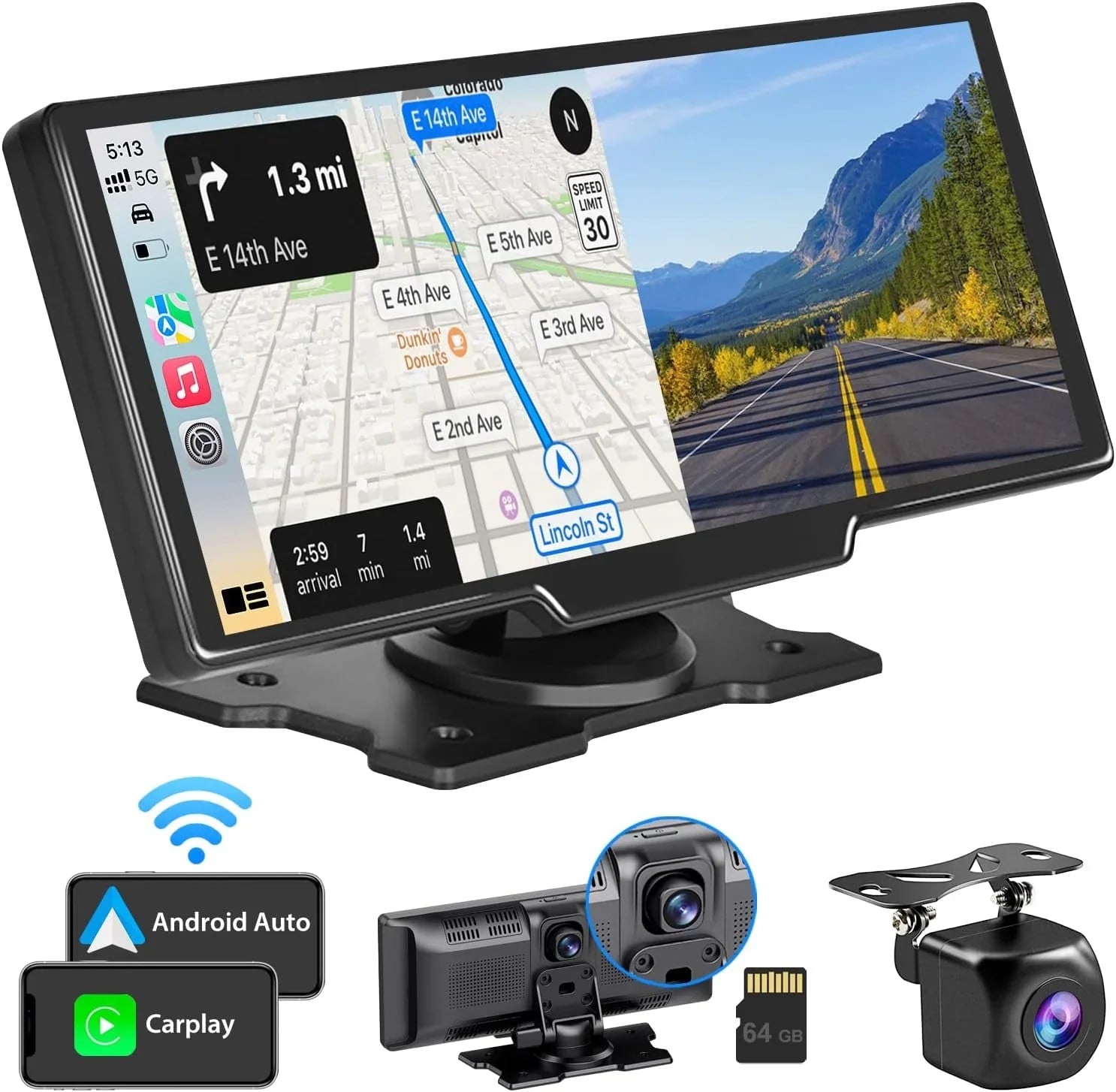 GPS Navigation Auto, - with Car HD Unit, IPS Screen, Backup 9" Bluetooth, Portable Cam Dash Camera, Stereo CAIHONG Wireless Car Loop 2.5K Receiver 1080p Recording, Head Radio Carplay Android