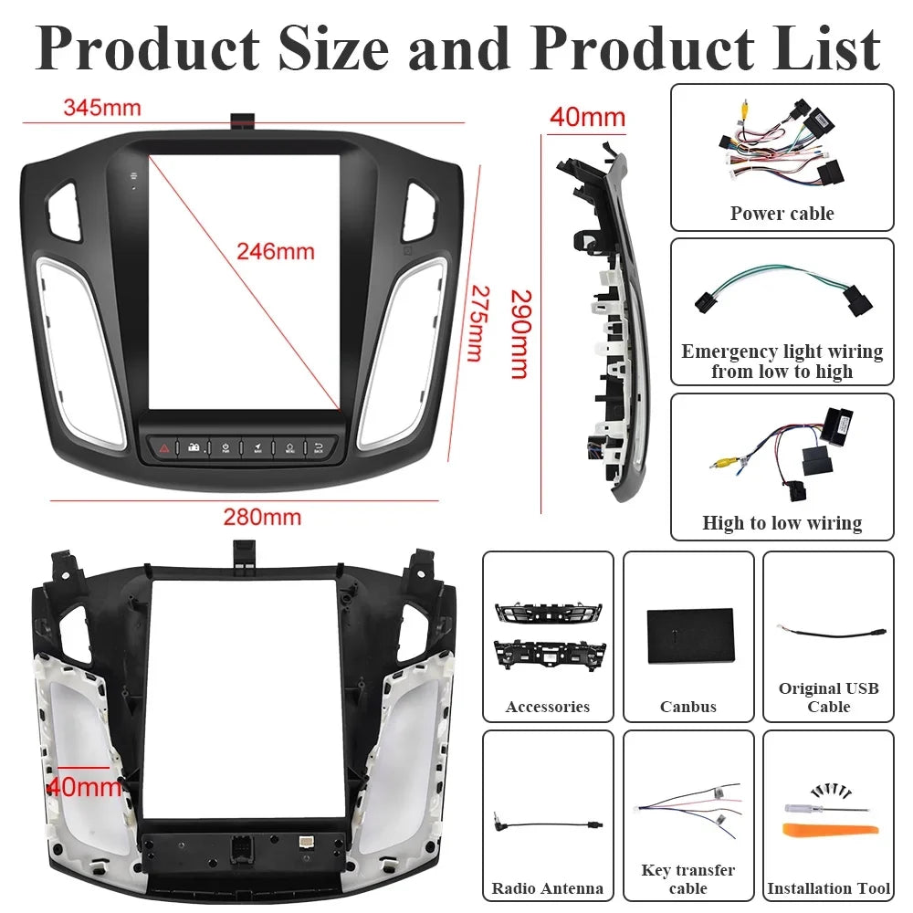 Podofo Stereo Android Wireless 13 9.7'' Camera Focus Car Link GPS Ford USB, Touchscreen for HD Bluetooth 2+64G AHD Mirror Auto FM Rearview Android 2012-2018 1080P WIFI Radio Carplay
