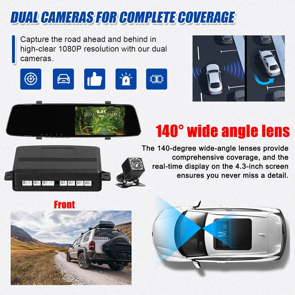 Dash Camera,1080P Dual Inch 4.3 Rear Screen Dual Cam Radars Camera 4.3 Dual 4.3 Reverse Nebublu Rear Camera Camera Inch 4 Reverse Screen Dash Dash Radars Reco DVR Rear Radars Rear Support Inch