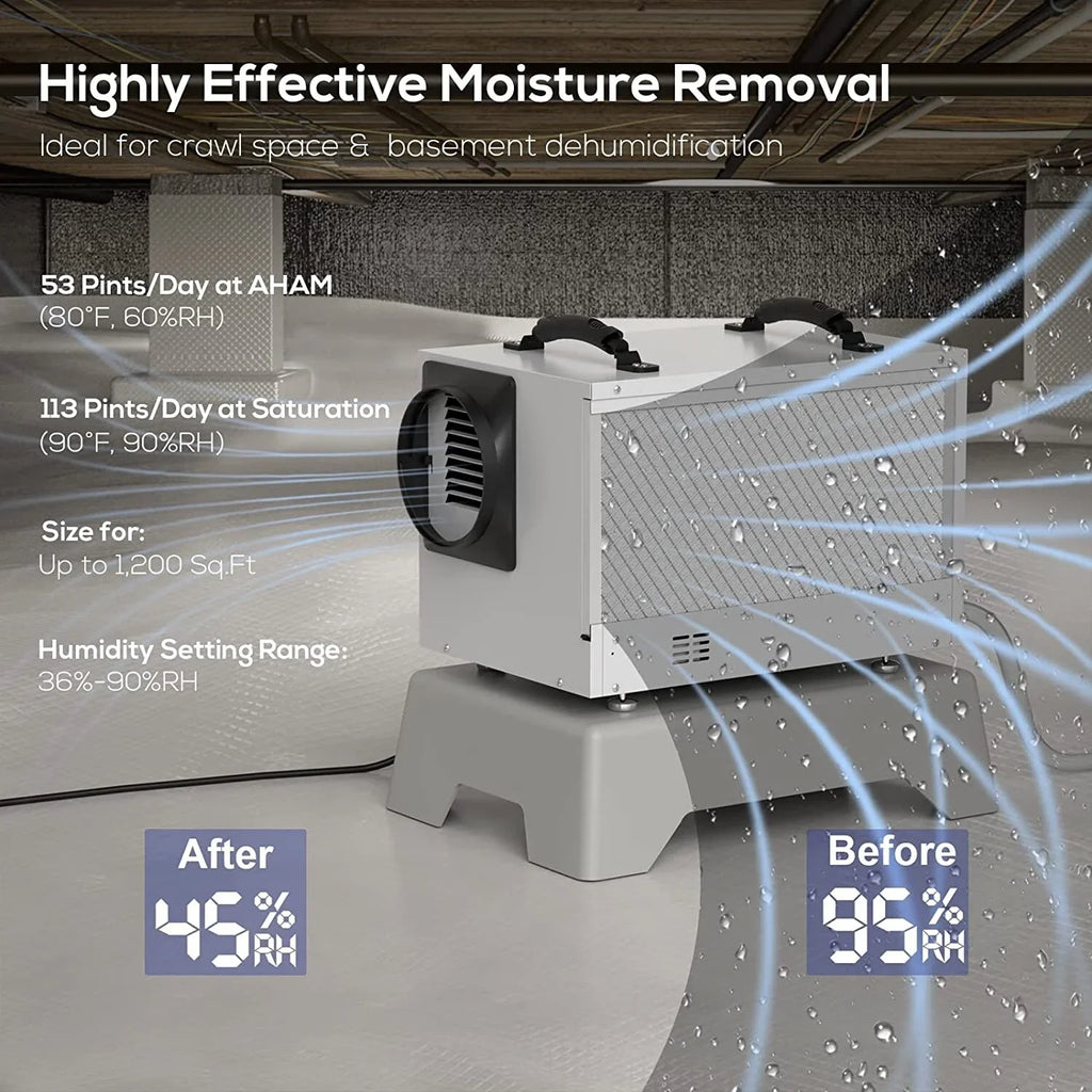 Refine Auto 113 BaseAire Spaces, Treatment Air Dehumidifier Drain Pint Starting with Defrost, Commercial Crawl Memory for Basements, Hose