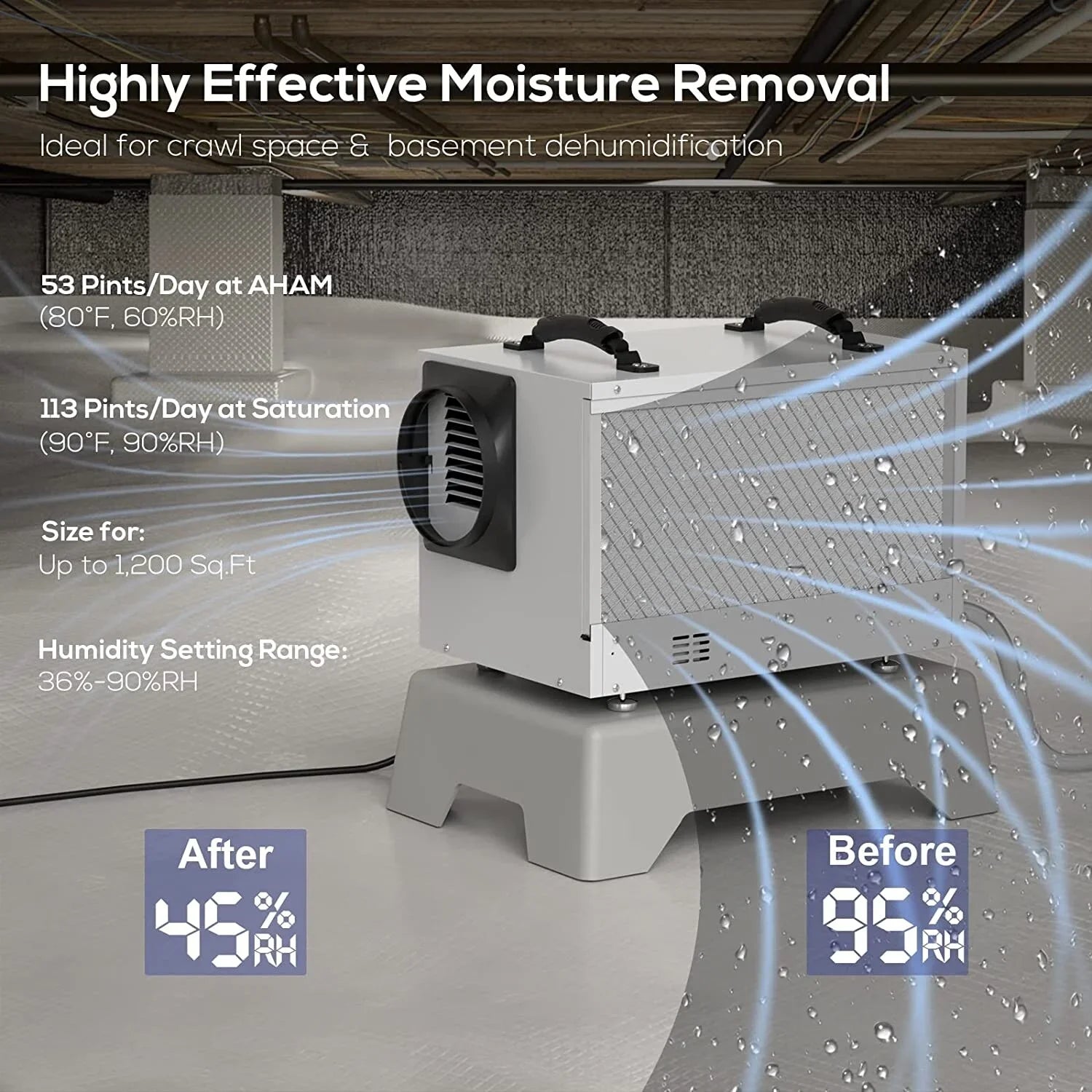 Refine Auto 113 BaseAire Spaces, Treatment Air Dehumidifier Drain Pint Starting with Defrost, Commercial Crawl Memory for Basements, Hose