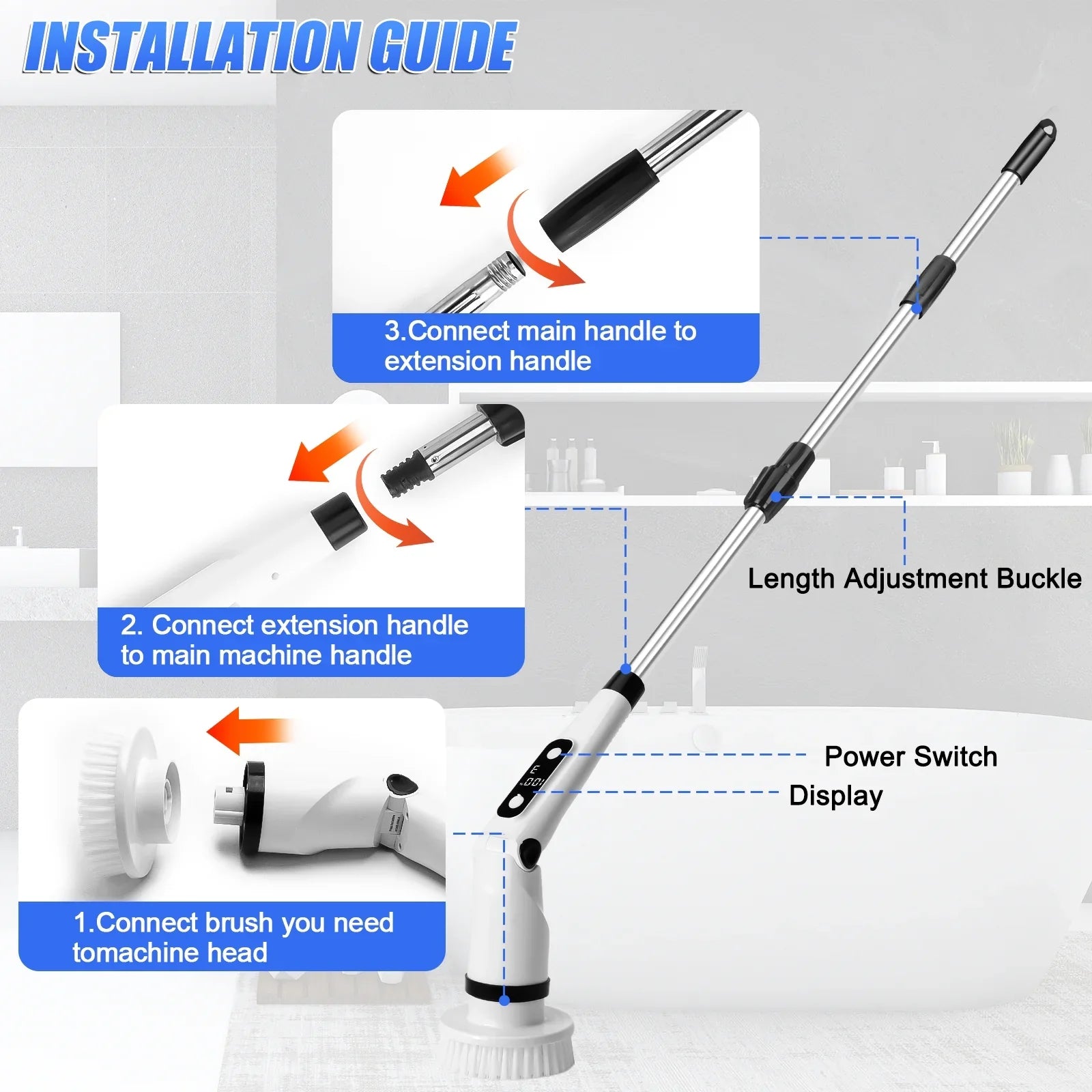 for Scrubber Floor Brush Scrubber, Heads,Shower Electric WLRETMCI Tub Car Long Cordless with Brush Brushes Spin 8 Cleaning Household Kitchen with Cleaning Bathroom Tile Handle