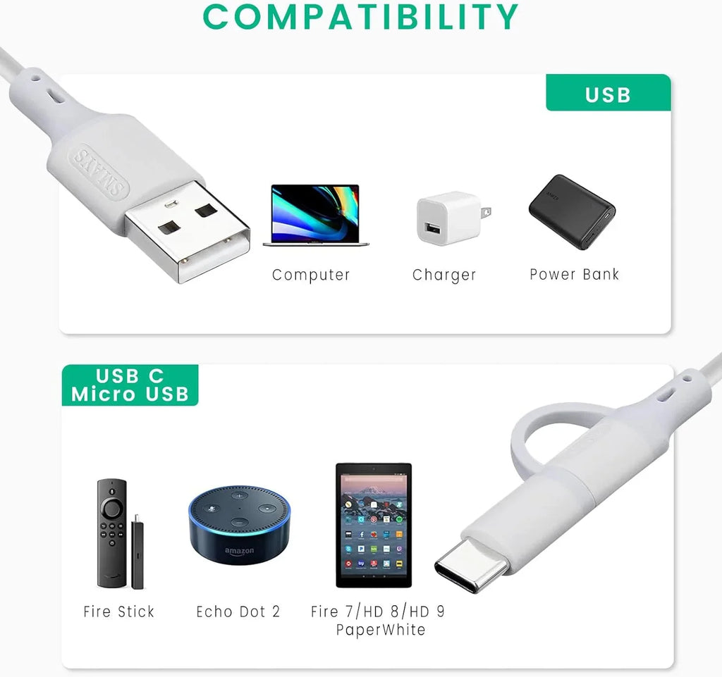 Charger for USB Smays 6ft - Cord Support Replacement and Micro Alexa Transfer (2-Pack) Power Data Cable