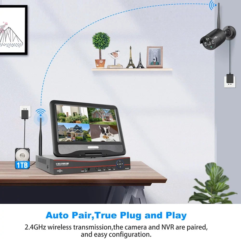 Camera 4Pcs Security Audio (Supports Vision, Home Night NVR, 2.4Ghz Wireless Channel Waterproof, with 1TB Drive, with Security Camera 10.1'' System Only Hard 10 Hiseeu Wi-Fi Recording, Monitor, WiFi)
