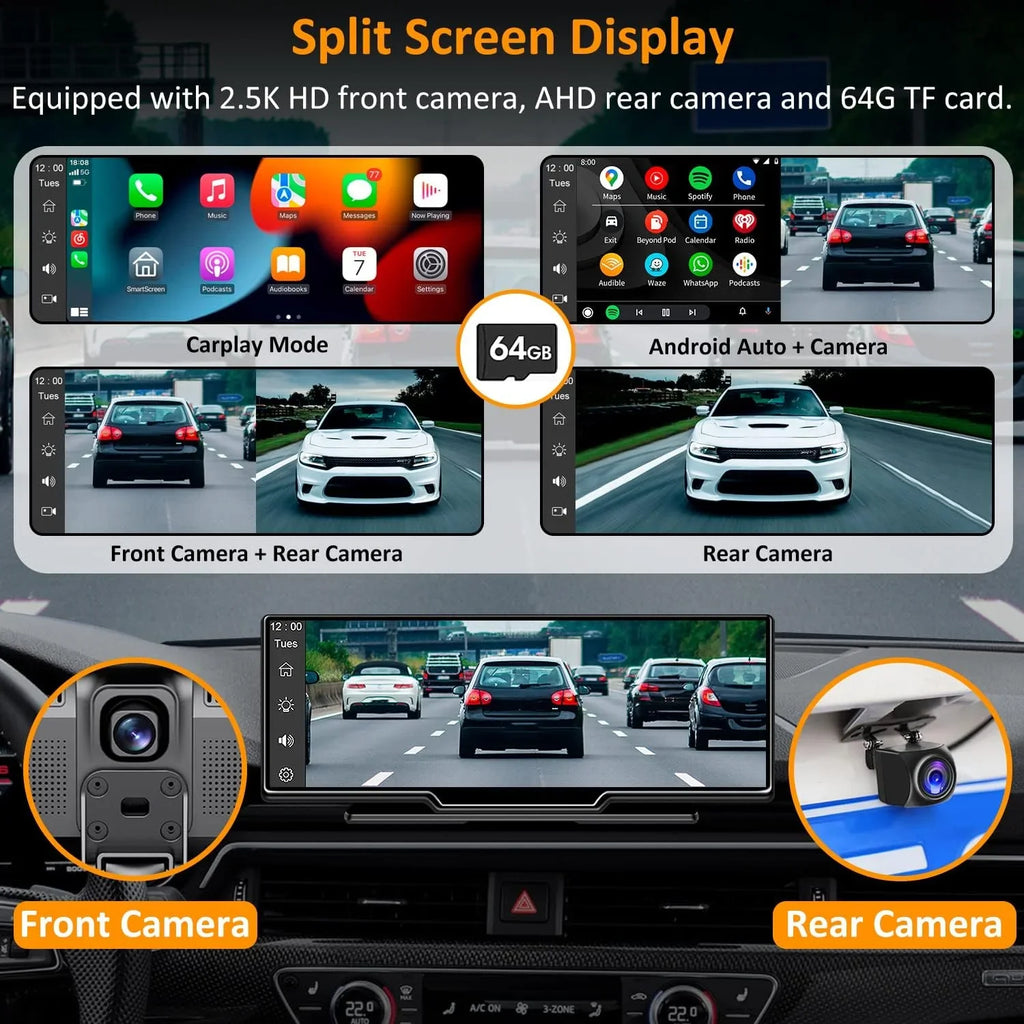 GPS Navigation Auto, - with Car HD Unit, IPS Screen, Backup 9" Bluetooth, Portable Cam Dash Camera, Stereo CAIHONG Wireless Car Loop 2.5K Receiver 1080p Recording, Head Radio Carplay Android