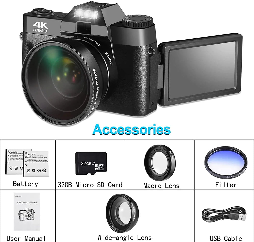 Screen,Wide-Angle GB Flip Batteries(Black) Lens,32 Micro Digital 48MP Camera with Kids 180° Lens,Macro Adults Card,2 Camera,Digital Vlogging and for Photography,4K for Camera