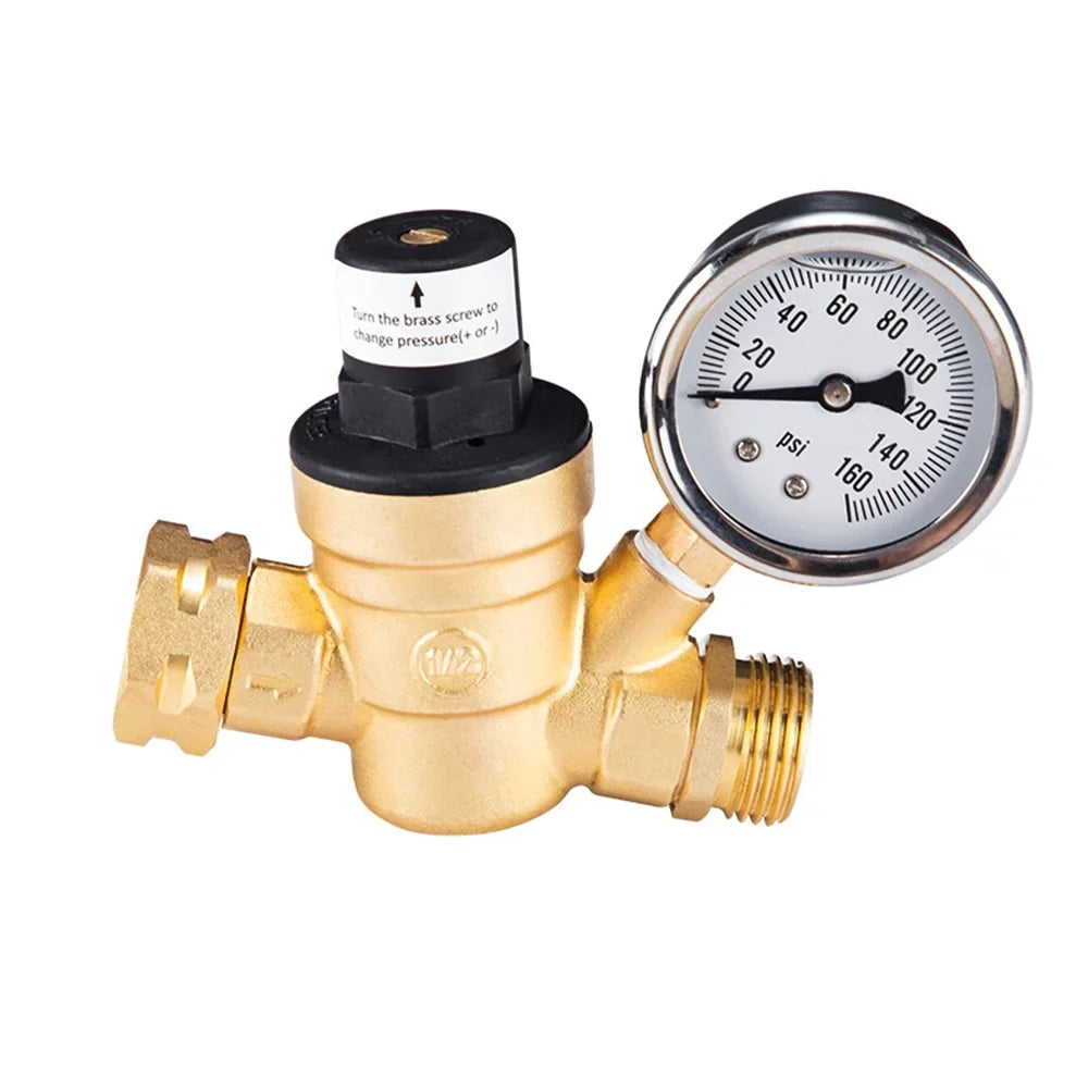 Lead-Free - Adjustable Water Travel Inlet and Gauge with Filter, Valve 0-160PSI Regulator Ideal Pressure Brass, and Screened for Trailers RV