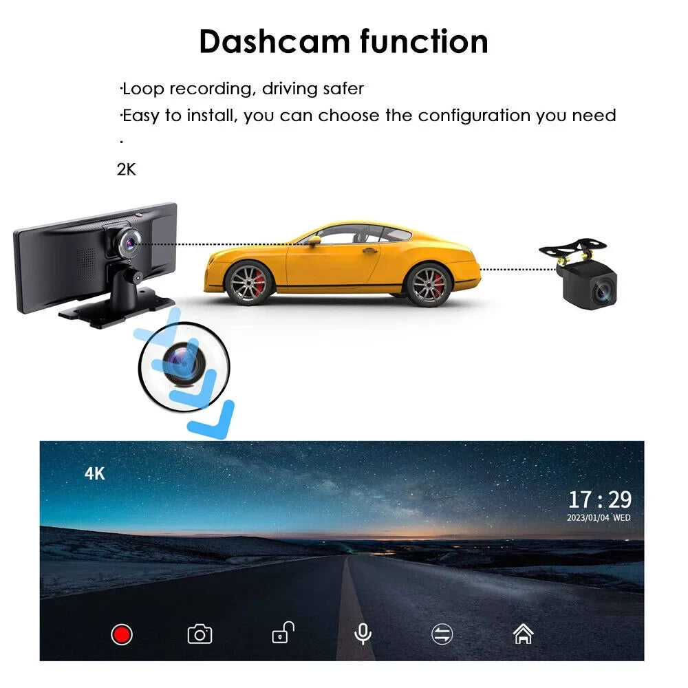 Car Dash 2K Compatibility Carplay Auto Touch Android DVR Screen and Camera Smart - Wireless WIFI KingFurt Resolution Stunning 10.26''