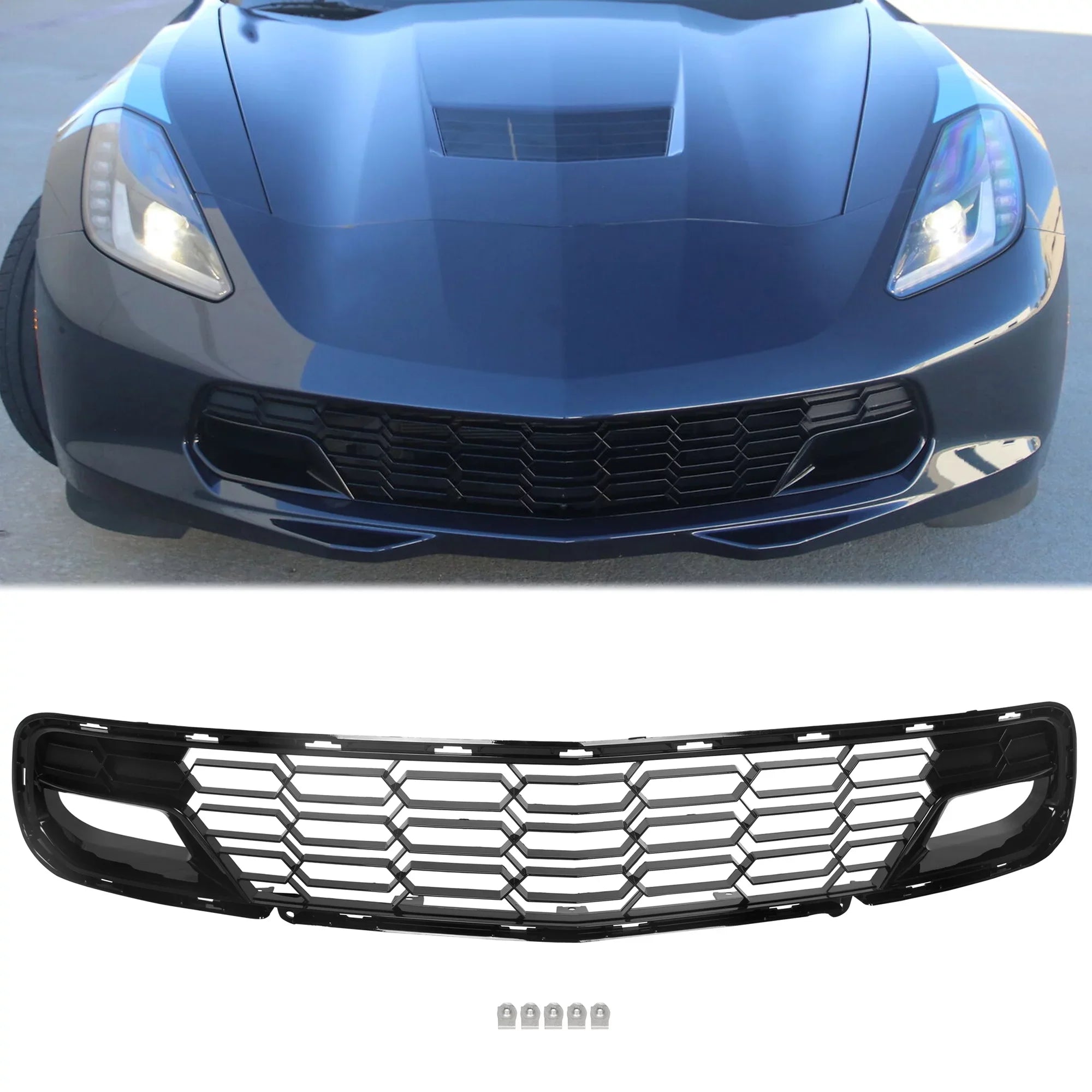 C7 (W/O Z06 Painted Lower Front 2014-2019 Bracket) All Chevrolet for Camera Front Plastic Style Kojem Glossy Models Black Corvette Grille Bumper Cover