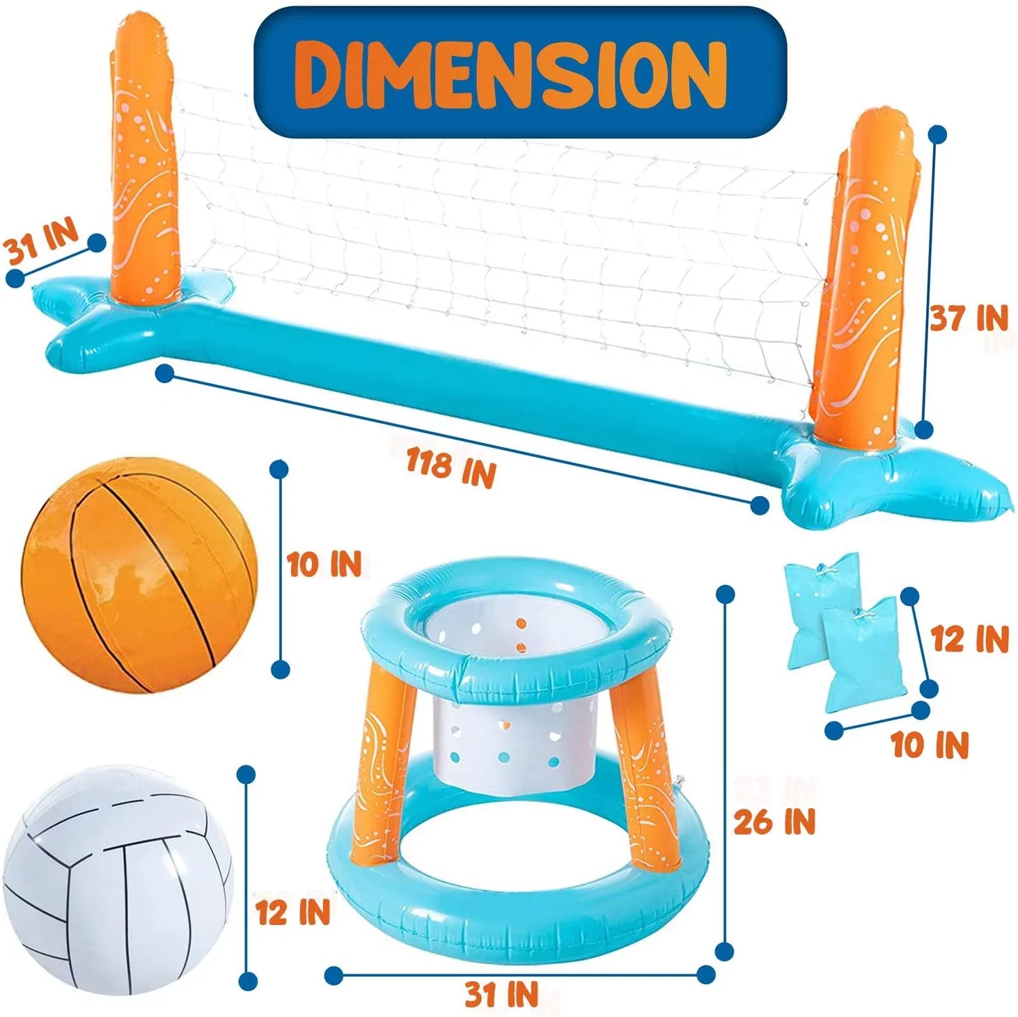 Floating, Adults Set Kids Toys, | Net Water Game Junipel Toys & Floaties and Summer for Swimming Basketball Light Pool Blue Teens Pool Hoop Volleyball