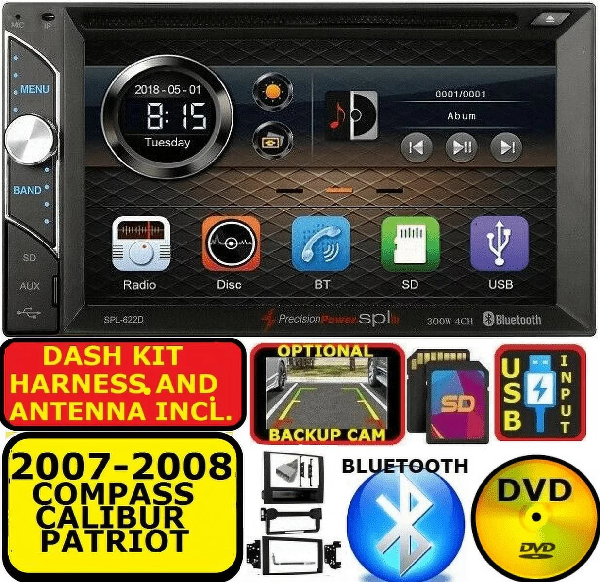 CALIBER CAR AUX 08 STEREO PKG COMPASS PATRIOT 07 RADIO USB SD CD/DVD BLUETOOTH