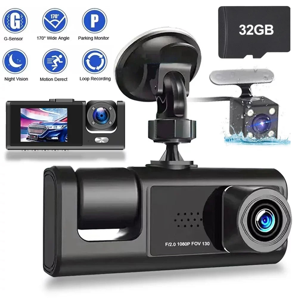 Card, Parking Front W/IR Triple Camera Vision, Night Dash W/32GB Rear Three for Monitor 1080P Loop Car HD Inside Dash and 3 TF G-Sensor, Cam Way Recording, Camera Full Cars, Dashcam Channel