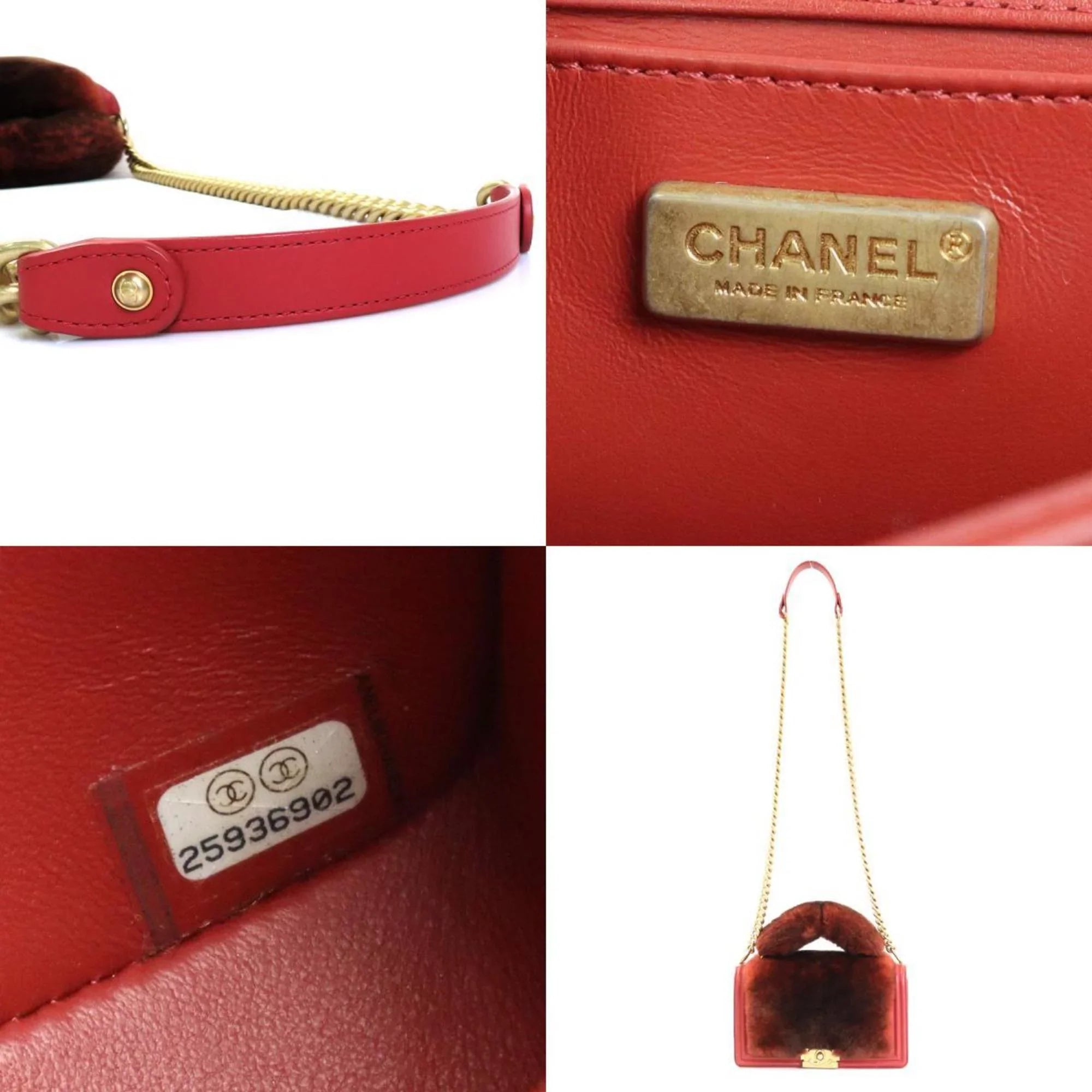 brown Pre-Owned e55871a gold Chanel ladies handbag shoulder diagonal boy red fur/leather bag CHANEL (Good)