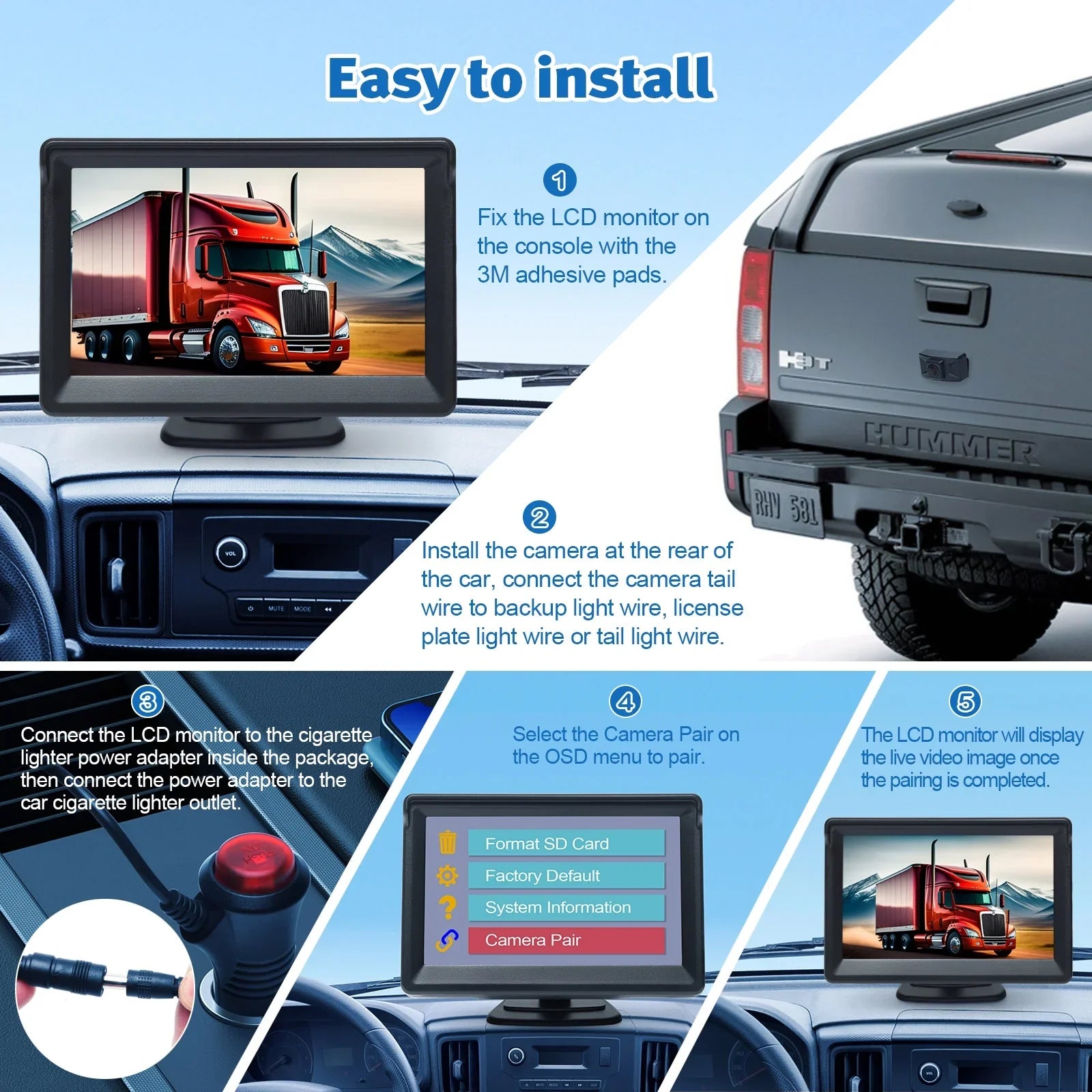 Inch Backup Camper Trailer Camera Recorder Kit Truck 720P Video View Camera with Monitor Menu HD Rear 5 for Van Wireless OSD LCD DVR Reverse Camera Car