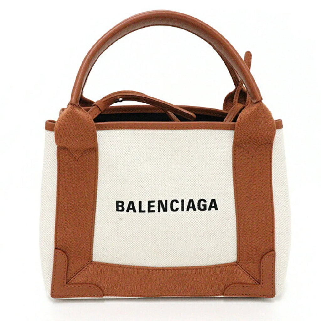 NAVY (Good) Balenciaga & Tote Beige XS Navy Cabas Pre-Owned Canvas A Calfskin Light 2way Bag 390346 Cotton Brown
