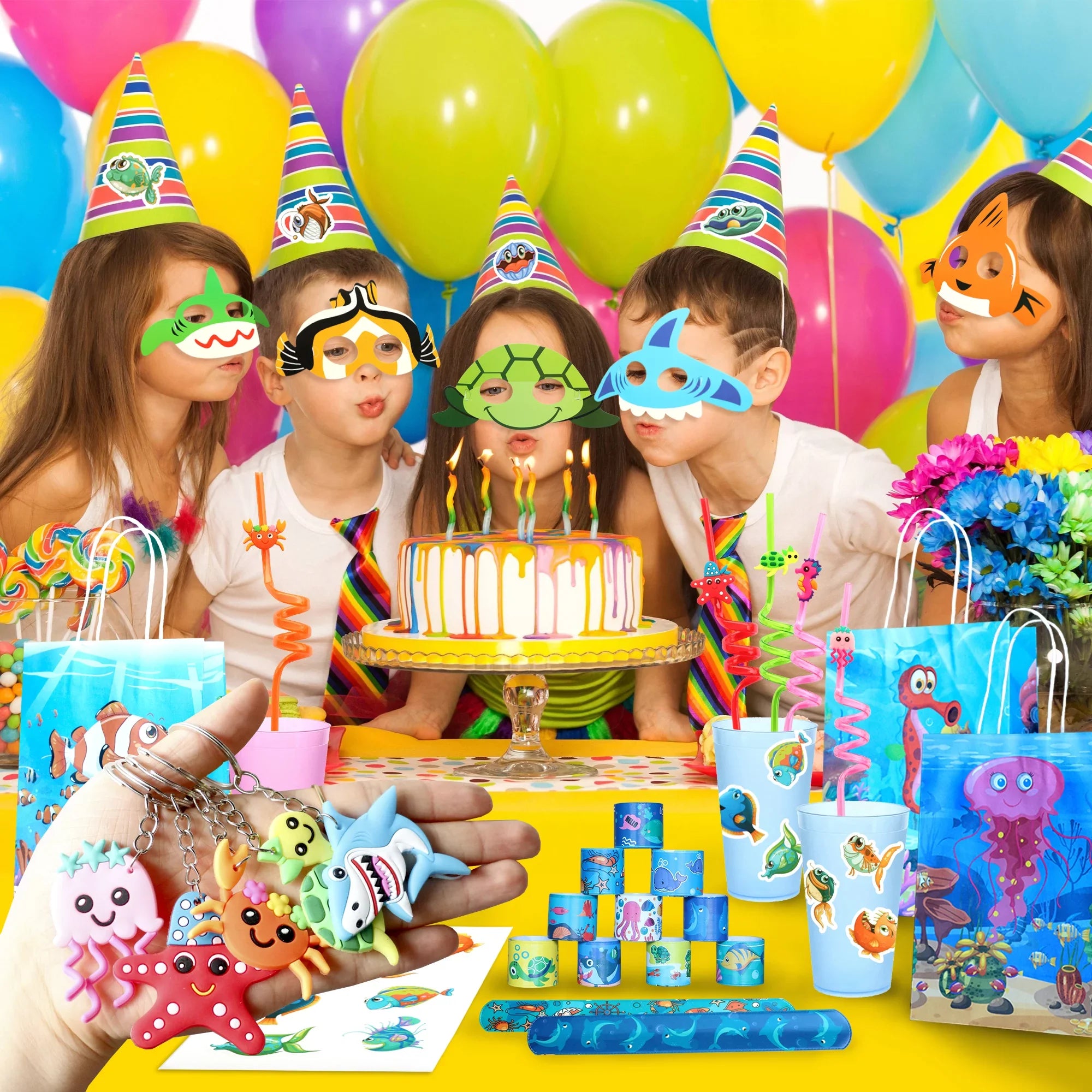 Keychain The Party Style Supply Sea Birthday The Kids Animal Ocean Pcs Stickers party Sea Bags 72 12 Set For Favors, of Under Treat Straw Under Mask