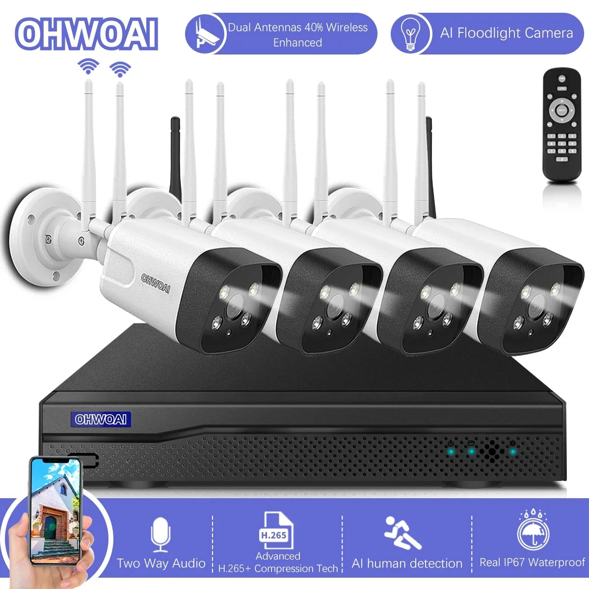 Dual 8CH Camera System, Antennas No {4pcs Detection waterproof, AI Human IP66 Home Wireless Surveillance Floodlight}, Security 3.0MP HDD, audio NVR Two-way