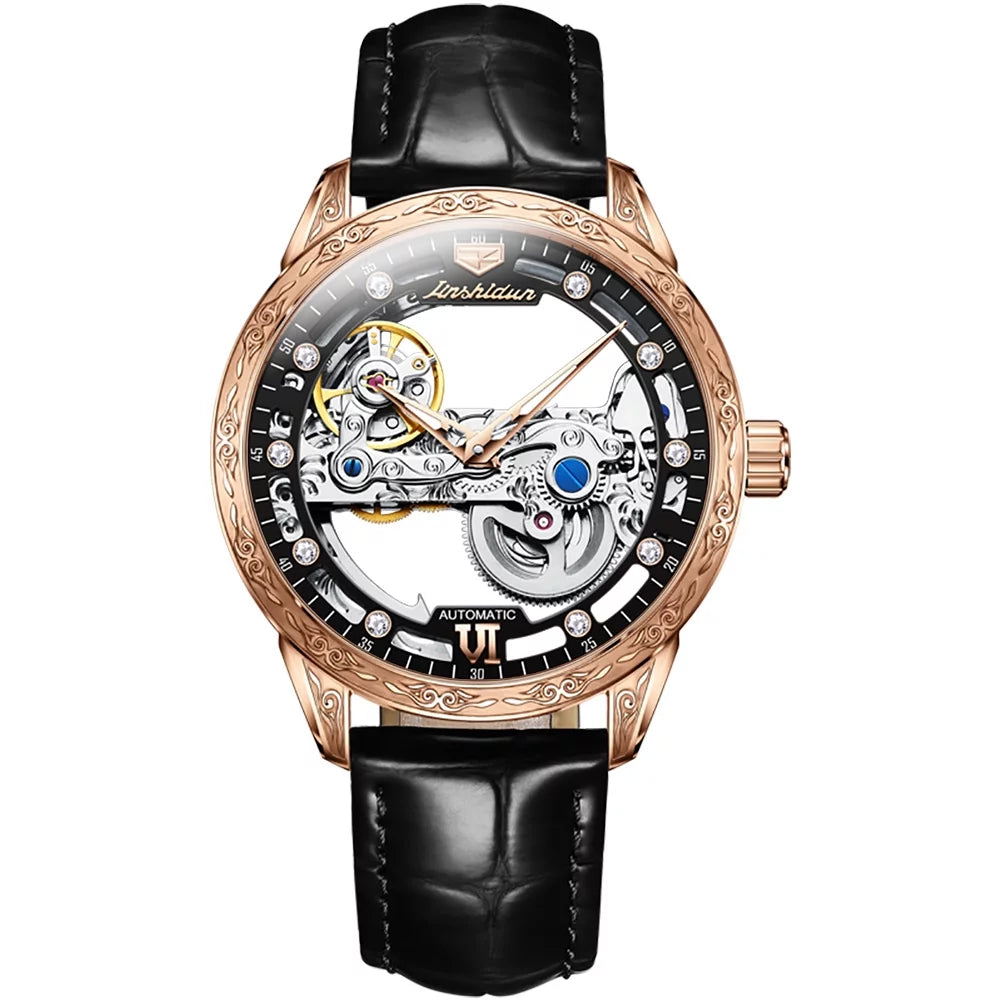 Rose Black Men's Luminous Watch Automatic Skeleton Mechanical Transparent
