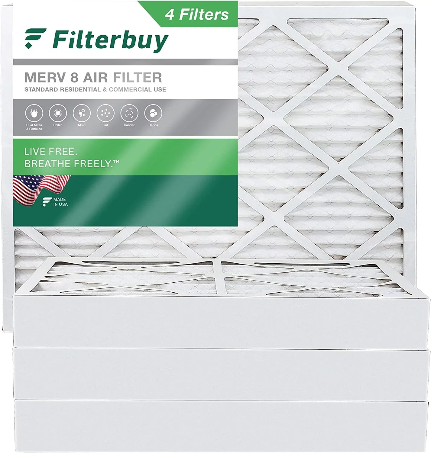 Filterbuy Pleated Furnace 8 MERV Air HVAC Filters (4-Pack) 20x25x4 AC