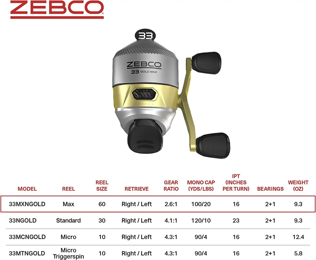 Anti-Reverse, Zebco Bearings MAX Gold Frame Dial-Adjustable Fishing Drag, MicroFine with 2.6:1 Silver/Gold 33 Lightweight 2+1 Powerful and and Ratio a Gear Instant Graphite a Smooth Spincast and Reel,