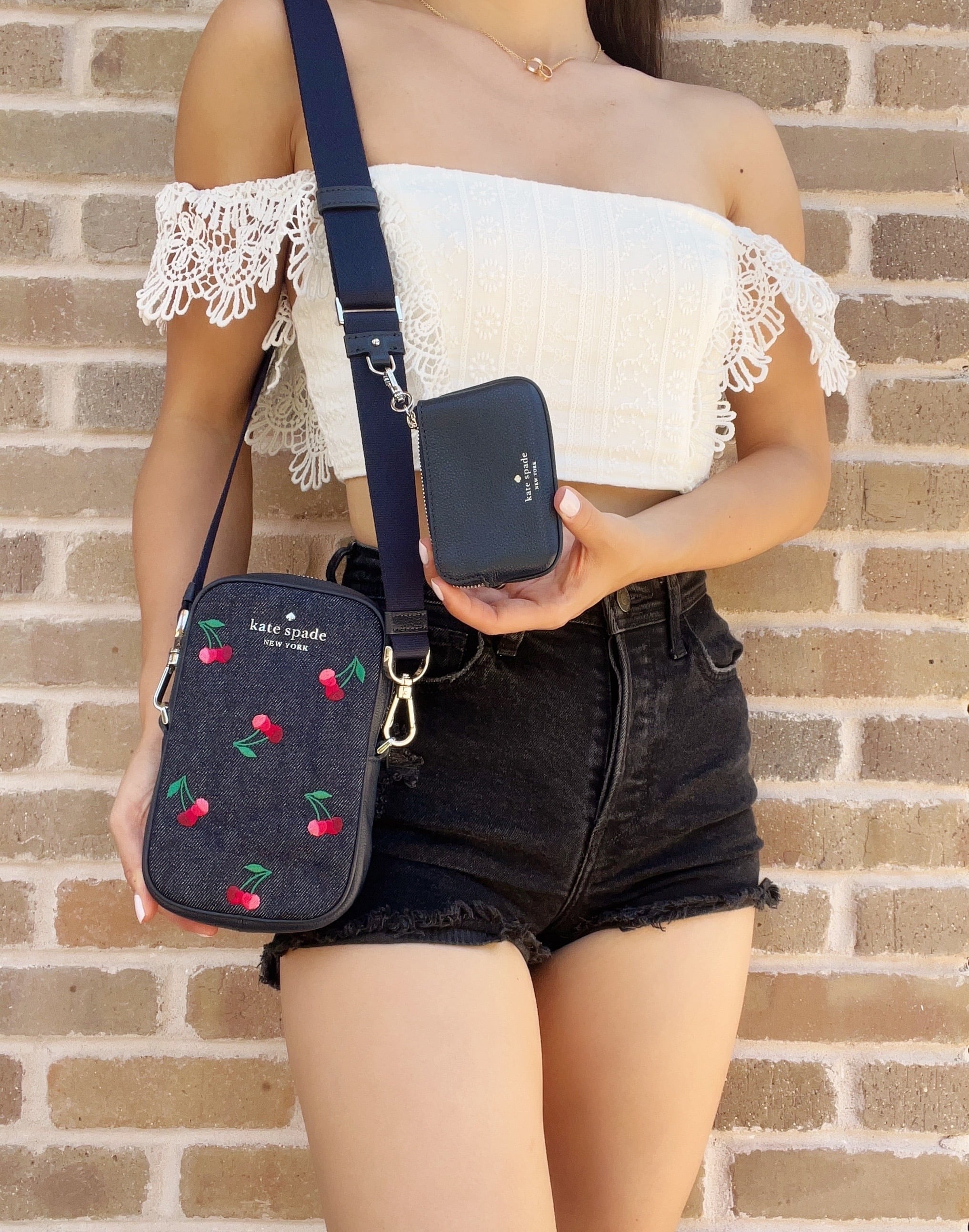 NS Kate Coin Denim Rosie Cherries Crossbody Pouch Spade Zip + Embroidered Phone