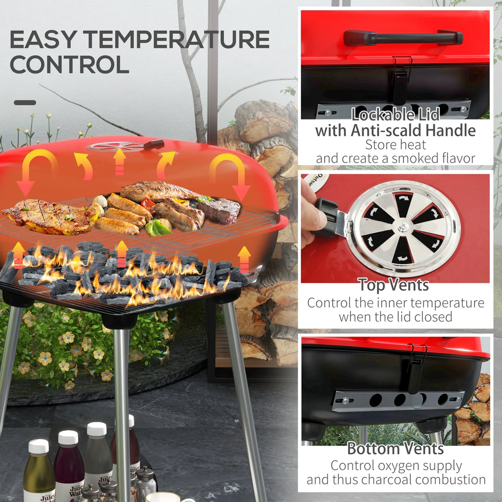 Red Charcoal Outsunny Wheels with Portable Shelf Grill Bottom Picnic, for