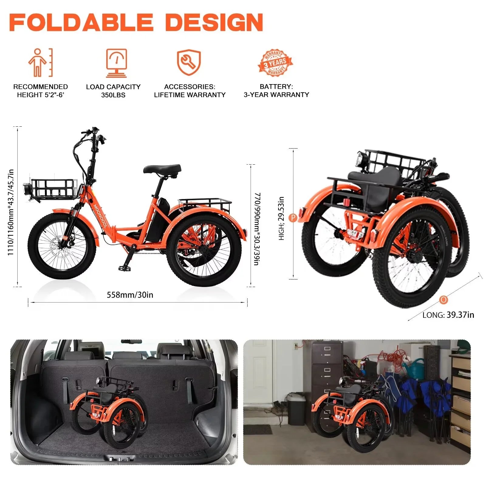 Bikes, 3 Tire MOPHOTO Women, Men Motorized Electric 48V for Folding Step-Thru Tricycle Tricycle Electric Wheel Electric Senior, 14.5Ah 1-Speed for Fat 20" Electric Adult, 16MPH Trike 500W