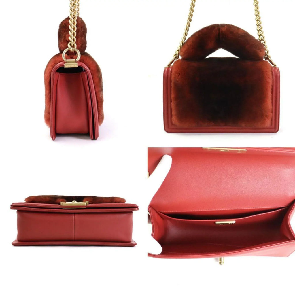 brown Pre-Owned e55871a gold Chanel ladies handbag shoulder diagonal boy red fur/leather bag CHANEL (Good)