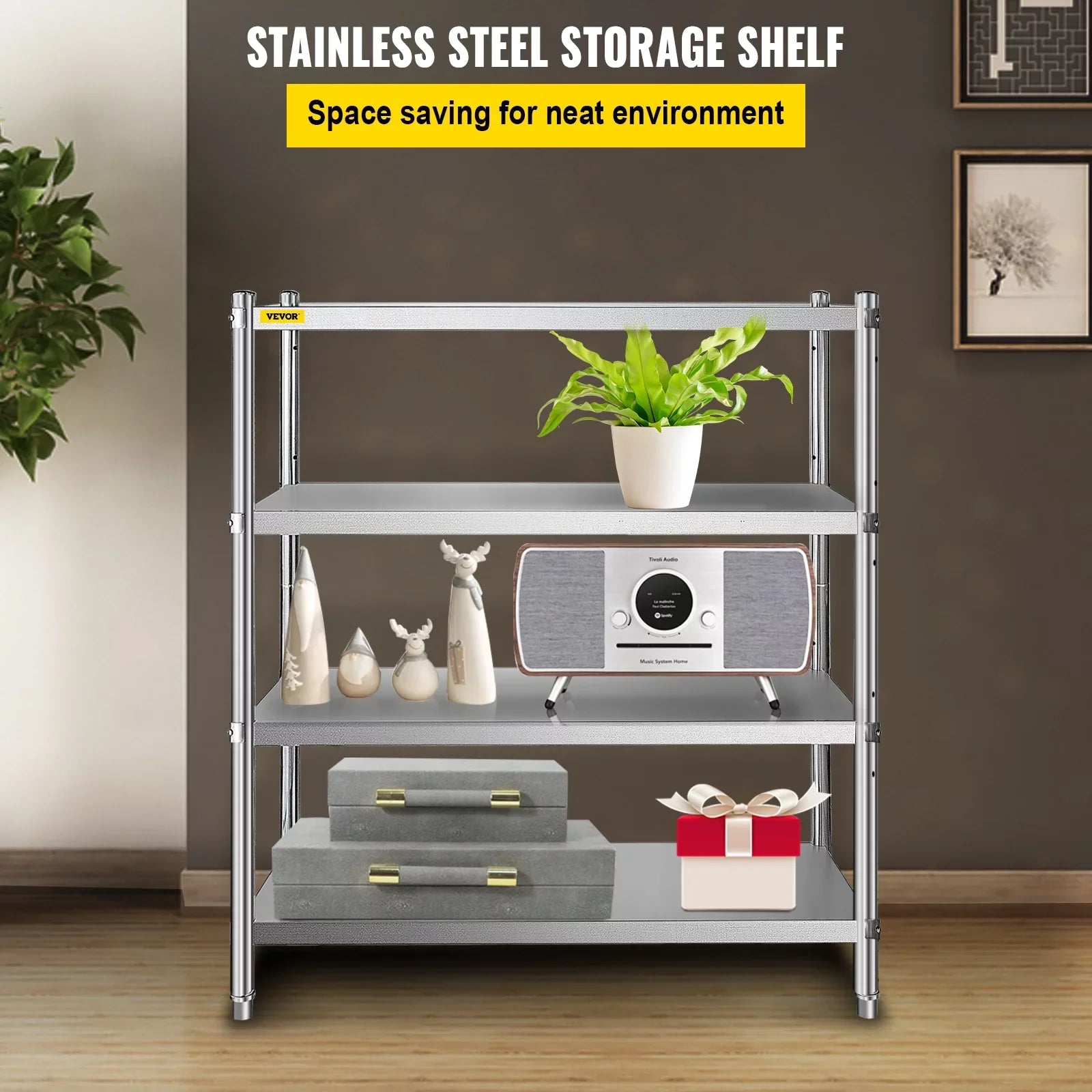 4-Tier 330LB Shelf Standing Commercial Stainless Shelf per Garage Shelving Shelf Office, Unit Storage Steel for Capacity Kitchen, VEVORbrand