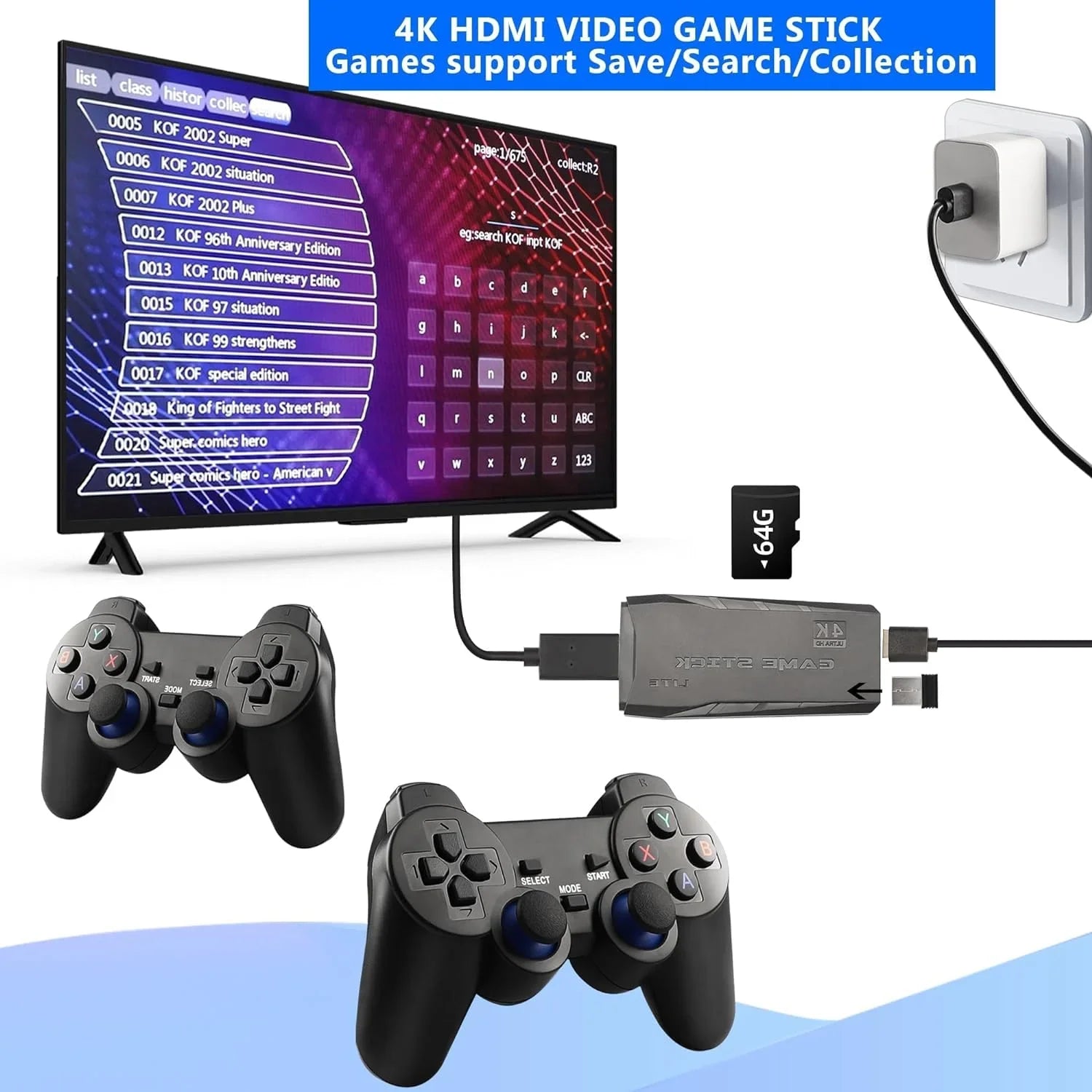 Game (64G) Wireless Retro Built Video Retro 9 Output Plug HD Play Emulators, in Console and 10000+ Stick,Wireless with Stick Game Game 2.4GHz 4K Games, Controllers