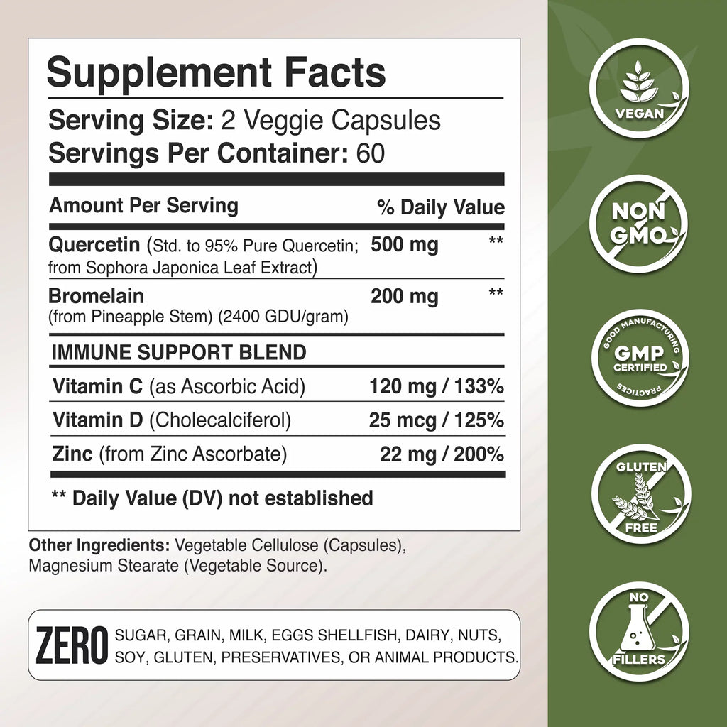 with 500mg + Caps. Quercetin - with 240 and Quercetin Vitamin - Bromelain C Zinc Supplements Quercetin - Quercetin Veggie Gluten-Free, Vegan) Zinc - Quercetin D3 (Non-GMO, Vitamin