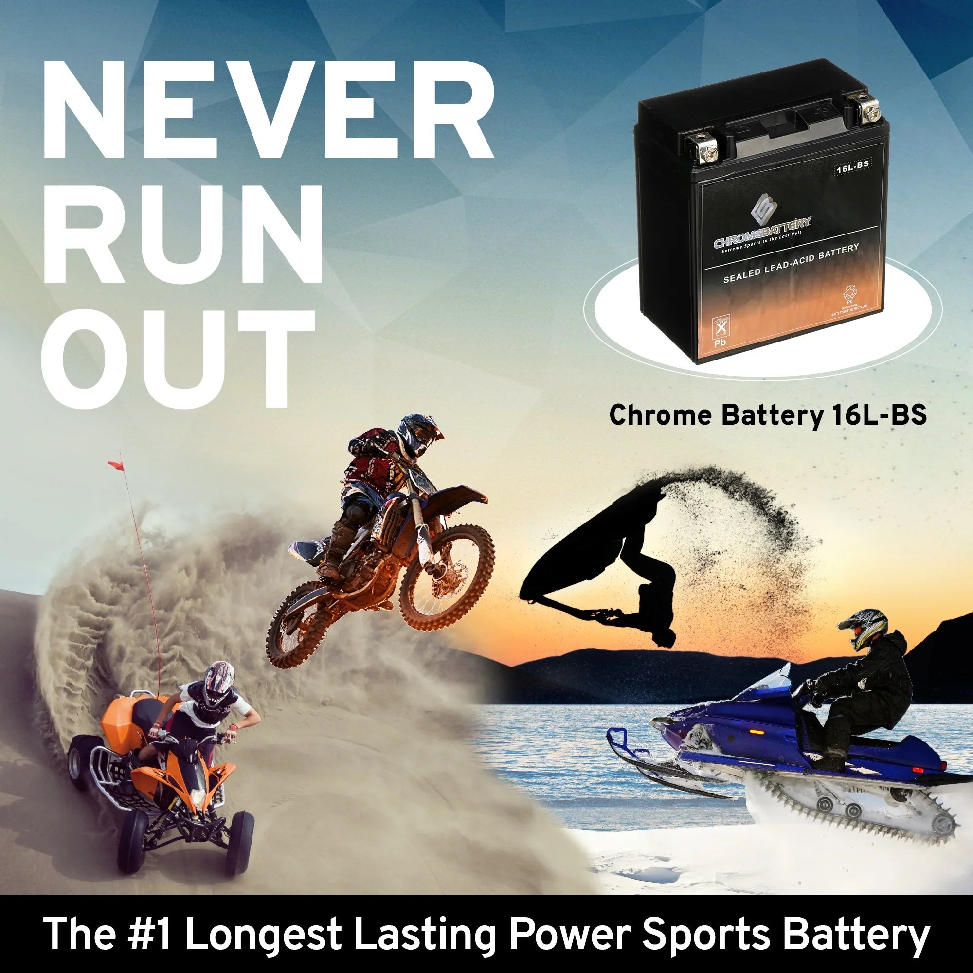 for Sx (16L-BS 550cc Js550 Kawasaki CCA) 86-'95 230 12 Chrome Battery Jet Ah, Ski Battery Volt,14 YTX16L-BS
