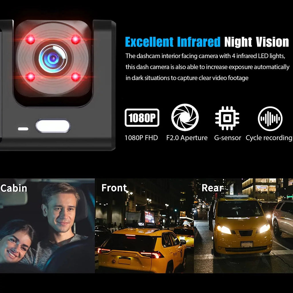 Card, Parking Front W/IR Triple Camera Vision, Night Dash W/32GB Rear Three for Monitor 1080P Loop Car HD Inside Dash and 3 TF G-Sensor, Cam Way Recording, Camera Full Cars, Dashcam Channel