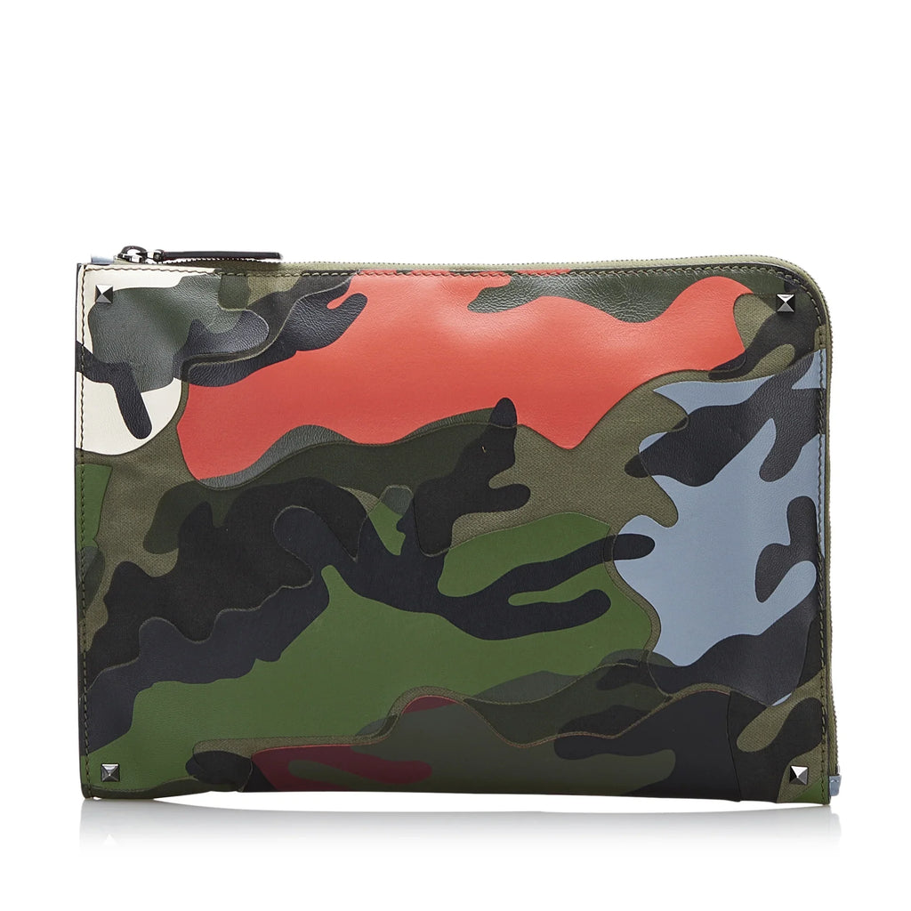 Bag Green Pre-Owned Canvas Leather (Good) Authenticated Valentino Camouflage Unisex Clutch WristletBag Fabric and