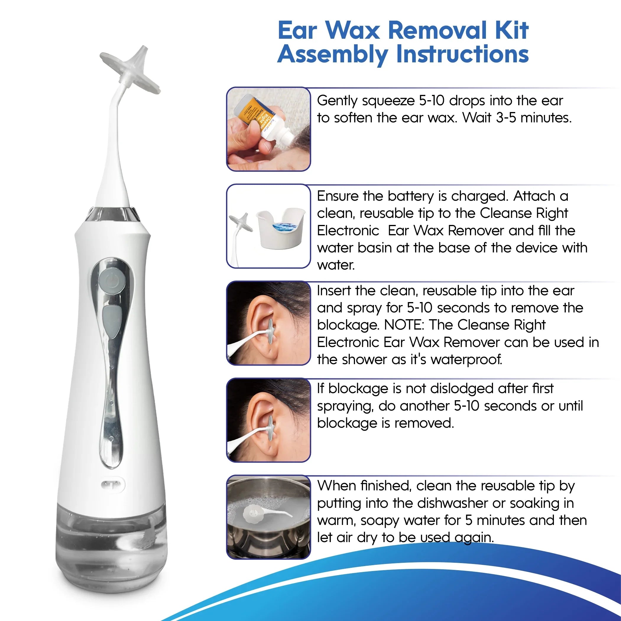 device, kit Remover- USA USA Electronic 3 system, wax ear tool Drops, removal DISHWASHER FRIENDLY Includes TIPS, - REUSABLE, ear cleaner Cleanse MADE Ear Ear Wax MADE Right