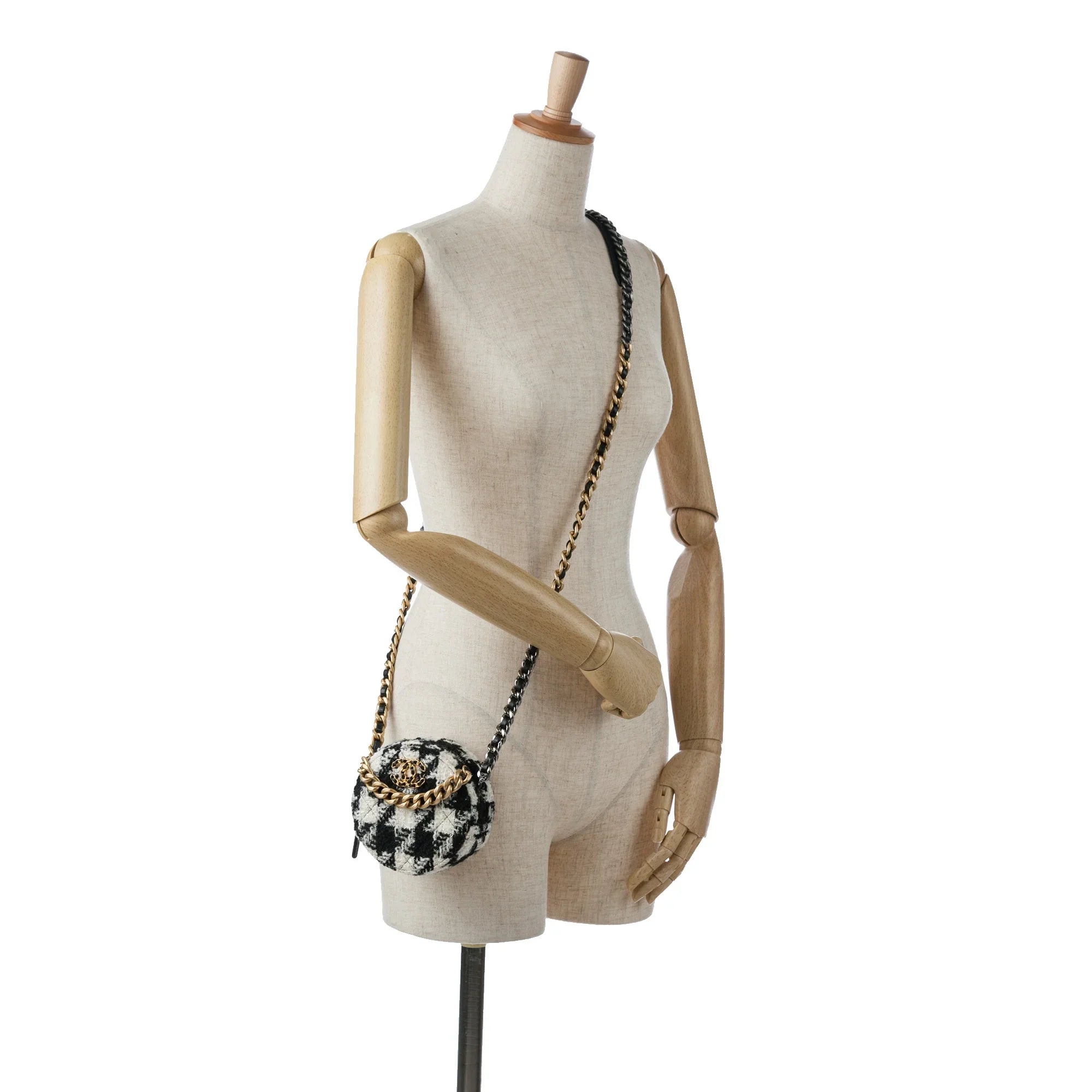 Lambskin Unisex Chanel and 19 Tweed (Good) Pre-Owned Crossbody with Coin Authenticated Clutch Chain Purse Black Bag Fabric Round