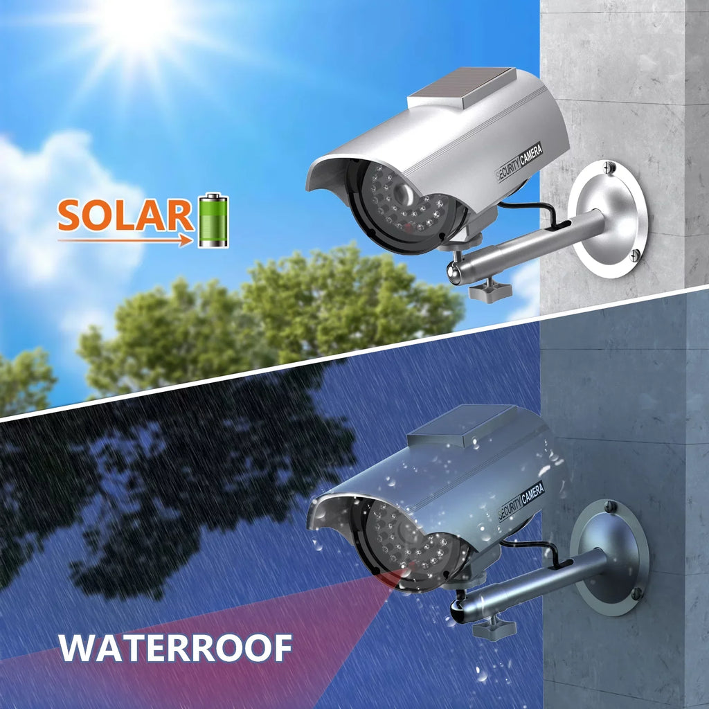 Sticker Surveillance Silver Solar LED CCTV Dummy with Camera Security Indoor Simulated Powered 4 Security 1 Alert Decal Dome Bullet Fake Outdoor (SOLTC-S4), WALI Light, Packs,