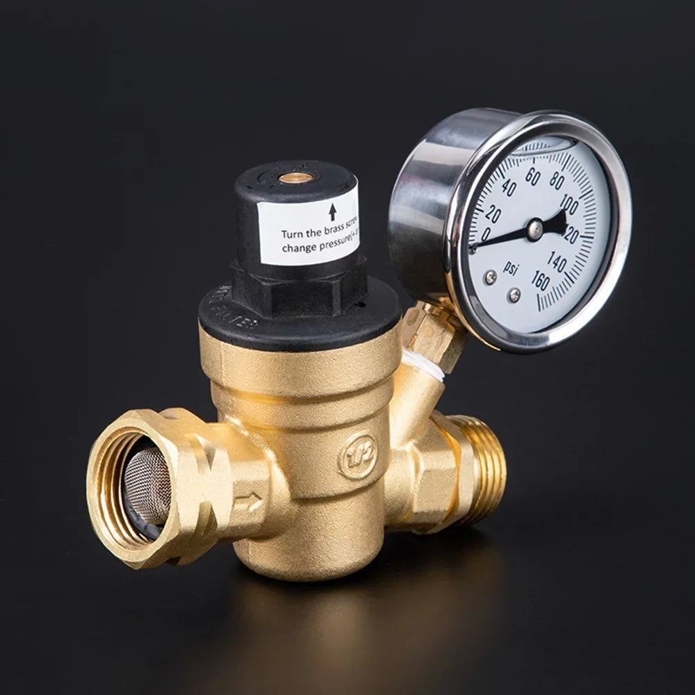 Lead-Free - Adjustable Water Travel Inlet and Gauge with Filter, Valve 0-160PSI Regulator Ideal Pressure Brass, and Screened for Trailers RV