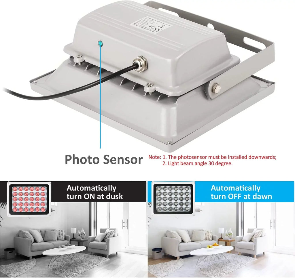 Metal Long Light 25000 for 850nm,IR up Security to 2PCS Auto ON/Off, Camera, Range to Waterproof, Hours IR time Life up 330ft/100m,30-LEDs Long Housing, Illuminator Infrared