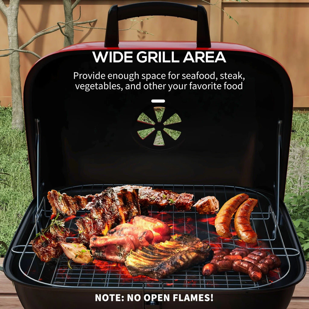 Red Charcoal Outsunny Wheels with Portable Shelf Grill Bottom Picnic, for