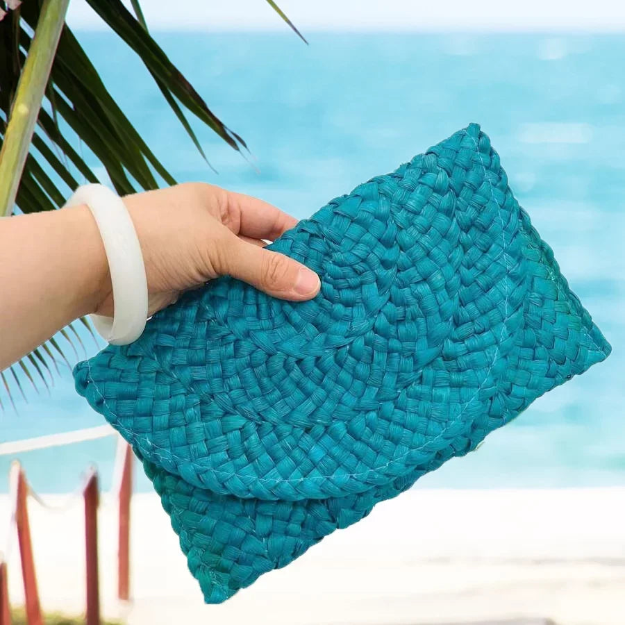 Eliza Clutch, Fashion Ocean Blue Envelope Straw Culture Crochet