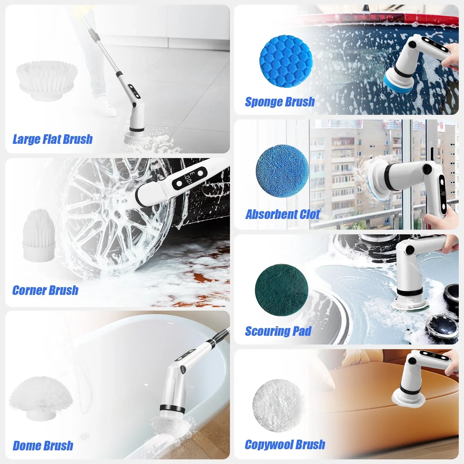 for Scrubber Floor Brush Scrubber, Heads,Shower Electric WLRETMCI Tub Car Long Cordless with Brush Brushes Spin 8 Cleaning Household Kitchen with Cleaning Bathroom Tile Handle