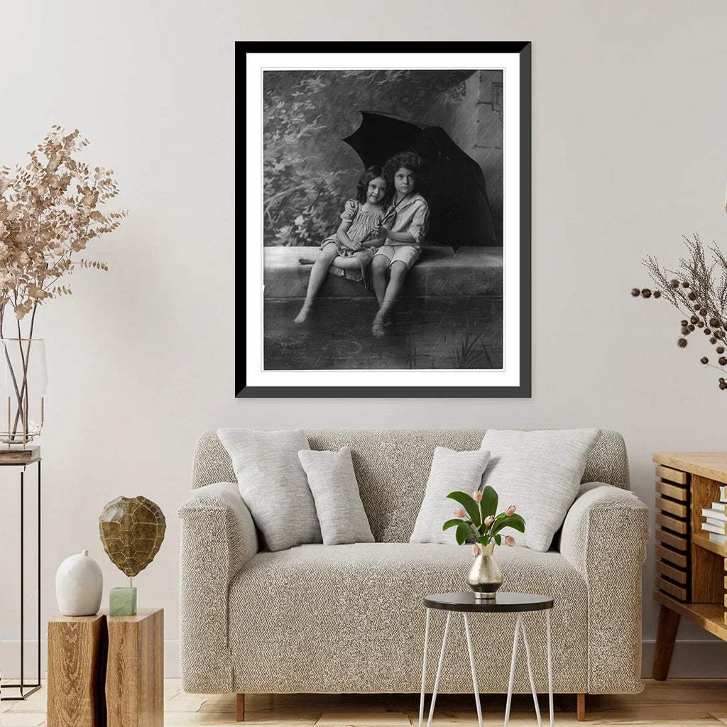 Framed children in umbrella 21-7/8" [2 under x fountain wall, Print, Historic rain], 17-7/8" on