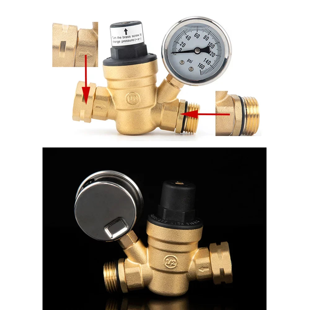 Lead-Free - Adjustable Water Travel Inlet and Gauge with Filter, Valve 0-160PSI Regulator Ideal Pressure Brass, and Screened for Trailers RV
