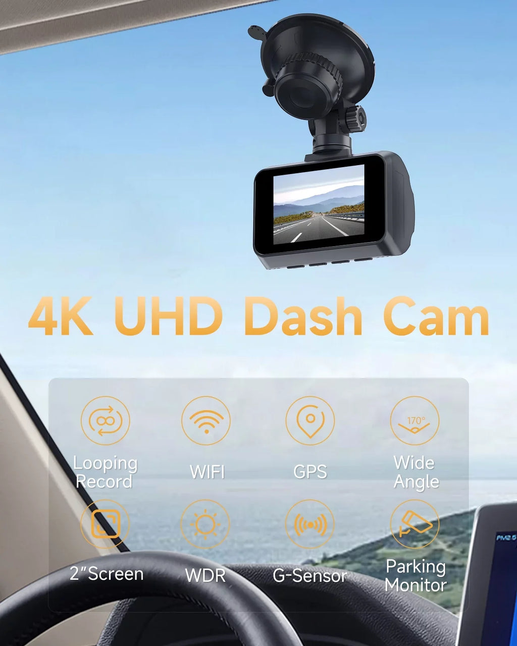 Angle, Rear, Cam G-Sensor,Black Dash WiFi Vision,Parking Car Screen, Mode, Dashcam and with WDR, GPS,4K+1080P LCD Night Front 170° Dash Wide 2" 4K Camera,