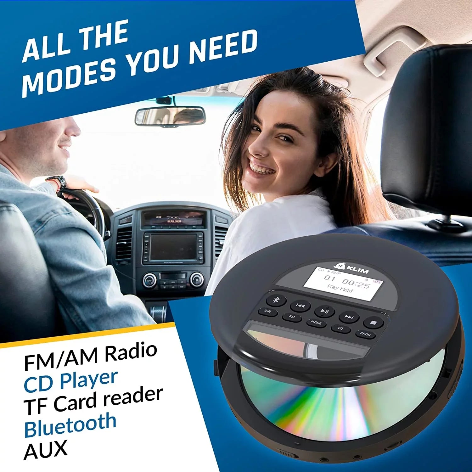 MP3, with Headphones, Battery, Nomad Card, Bluetooth- (Refurbished: Rechargeable Black KLIM for Pre-Owned CD Cars, Good) Ideal Discman FM Radio, TF Portable AM Player Fusion
